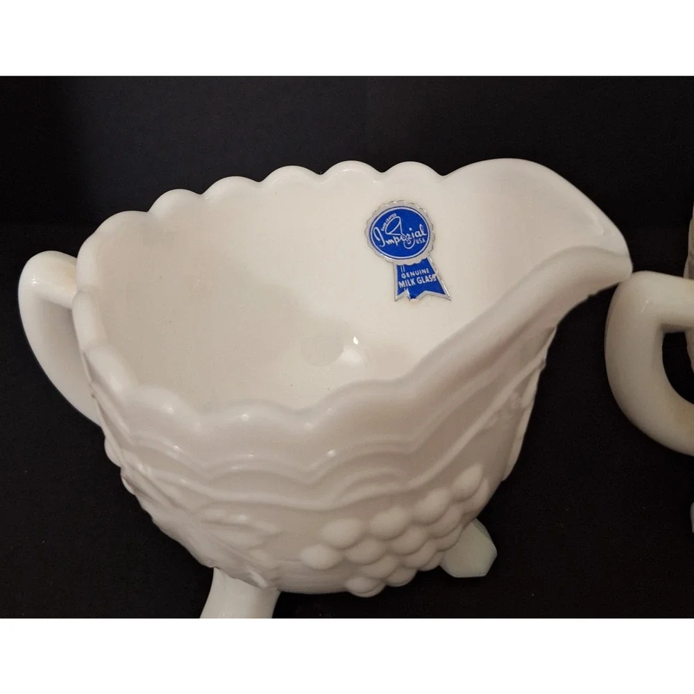 Vintage Imperial Milk Glass Grape & Leaf 3 Toed Open Sugar and Creamer